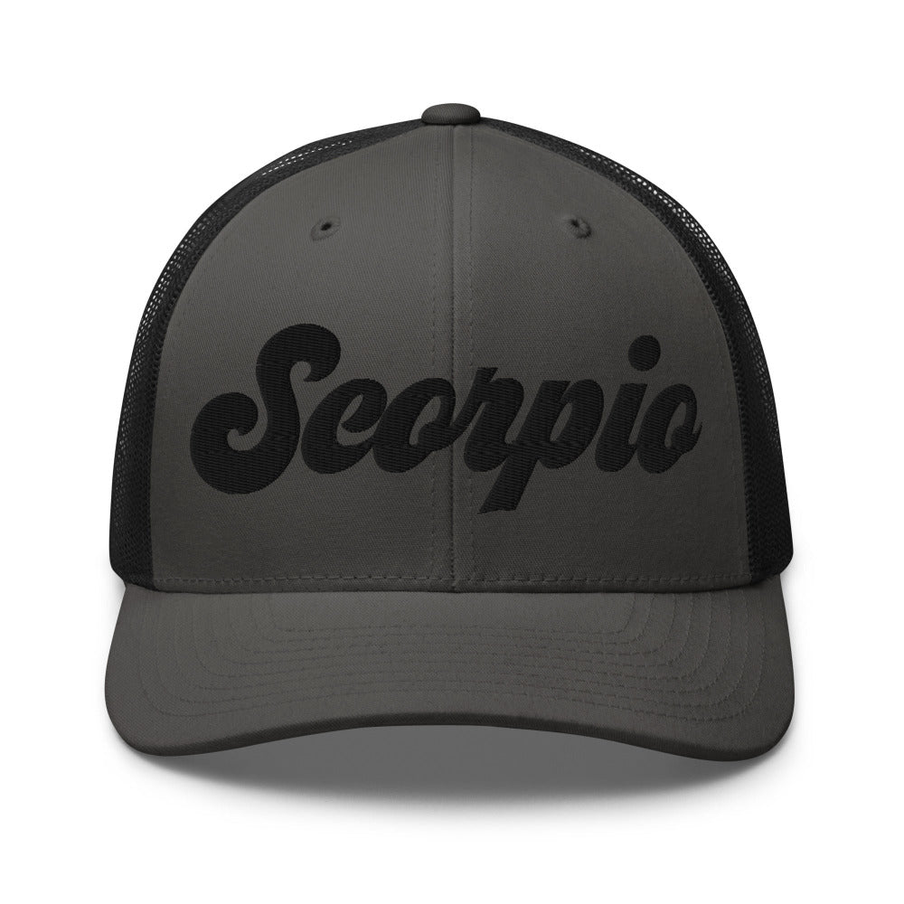 Scorpio Zodiac Embroidered Curved Bill Trucker Hat - Charcoal/Black Color - https://ascensionemporium.net