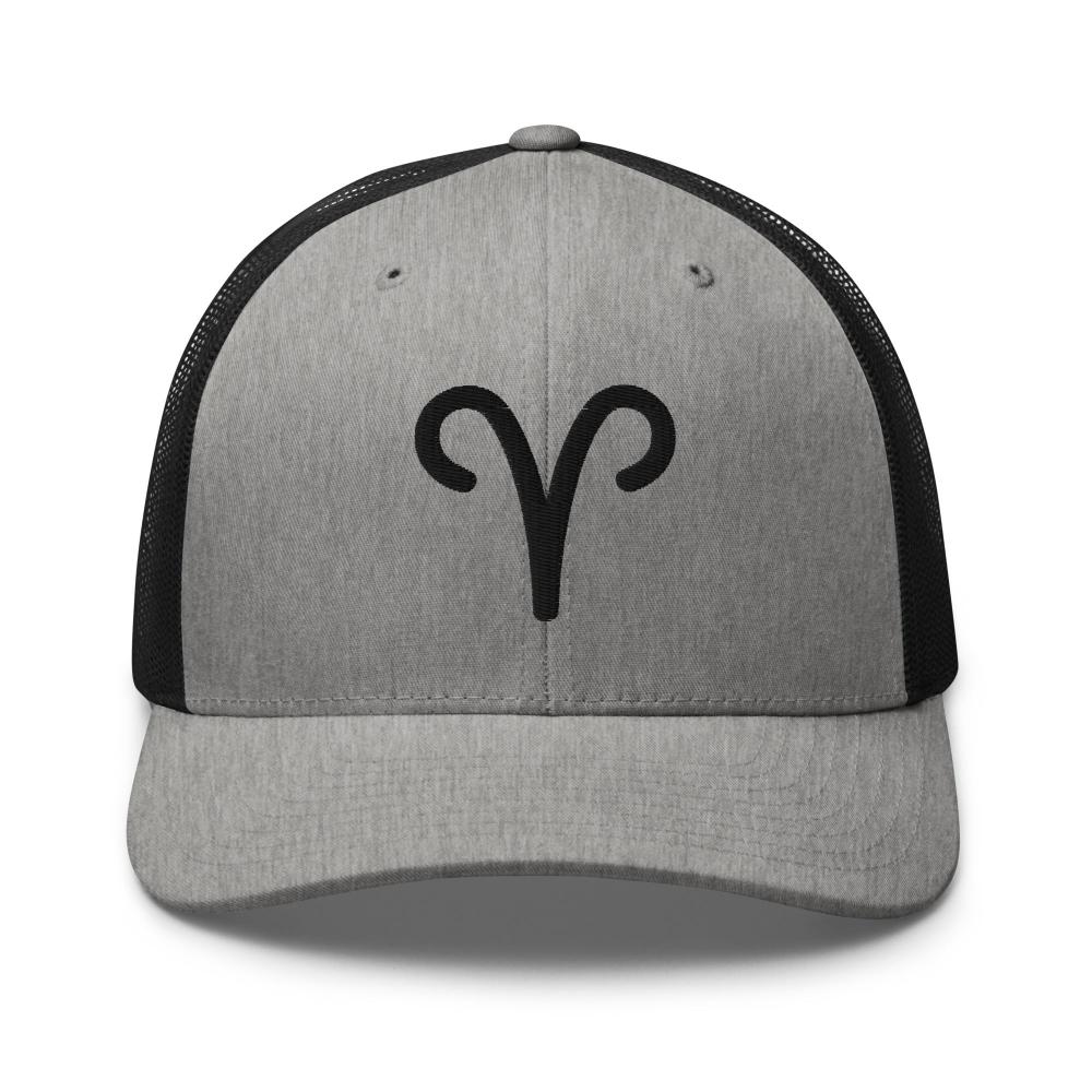 Aries Zodiac Embroidered Curved Bill Trucker Hat - Heather/Black Color - https://ascensionemporium.net