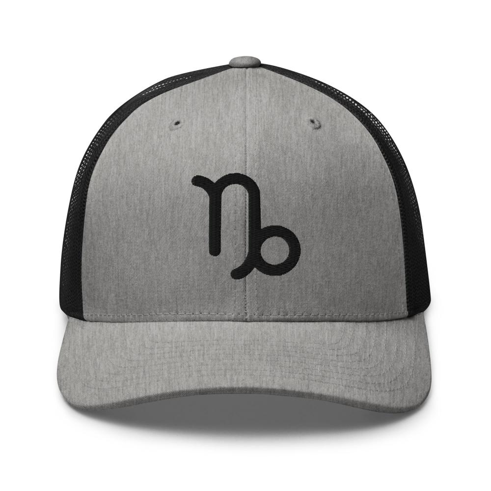 Capricorn Zodiac Embroidered Curved Bill Trucker Hat - Heather/Black Color - https://ascensionemporium.net