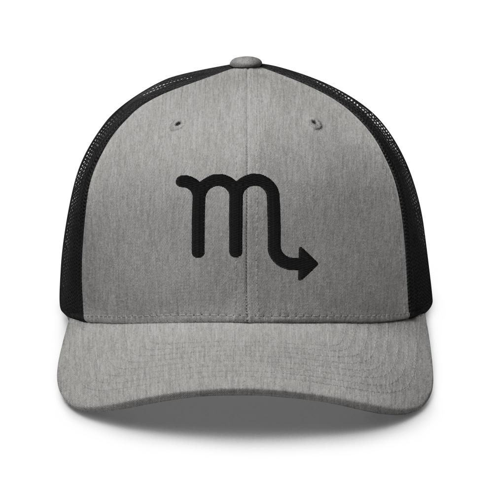 Scorpio Zodiac Embroidered Curved Bill Trucker Hat - Heather/Black Color - https://ascensionemporium.net