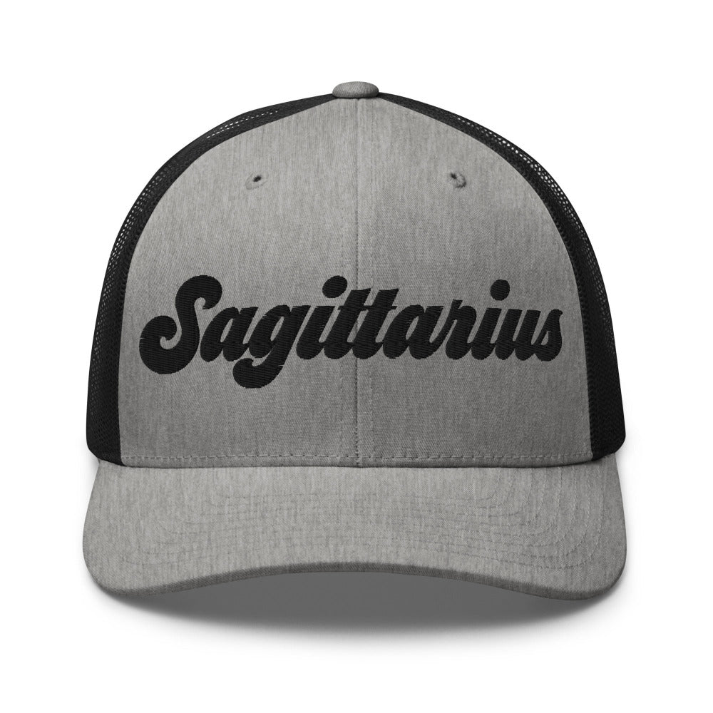 Sagittarius Zodiac Embroidered Curved Bill Trucker Hat - Heather/Black Color - https://ascensionemporium.net