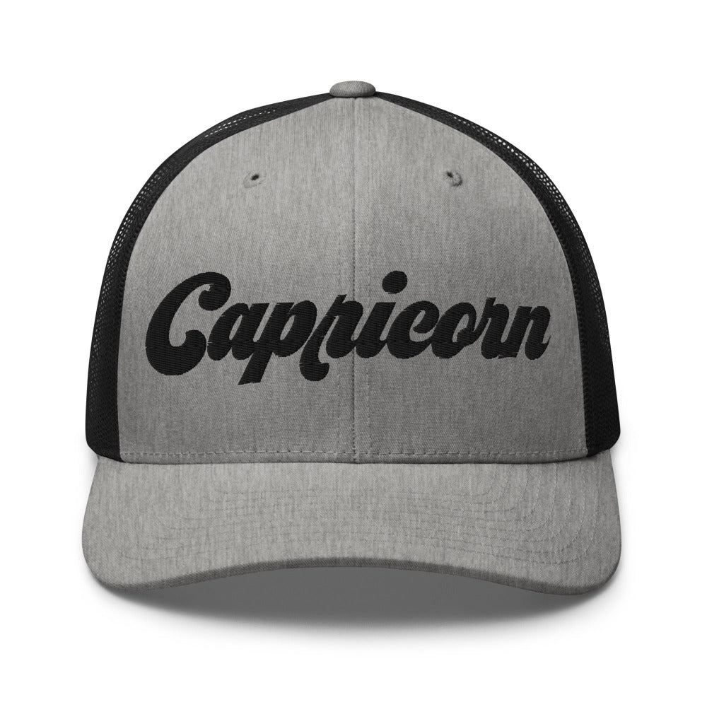 Capricorn Zodiac Embroidered Curved Bill Trucker Hat - Heather/Black Color - https://ascensionemporium.net
