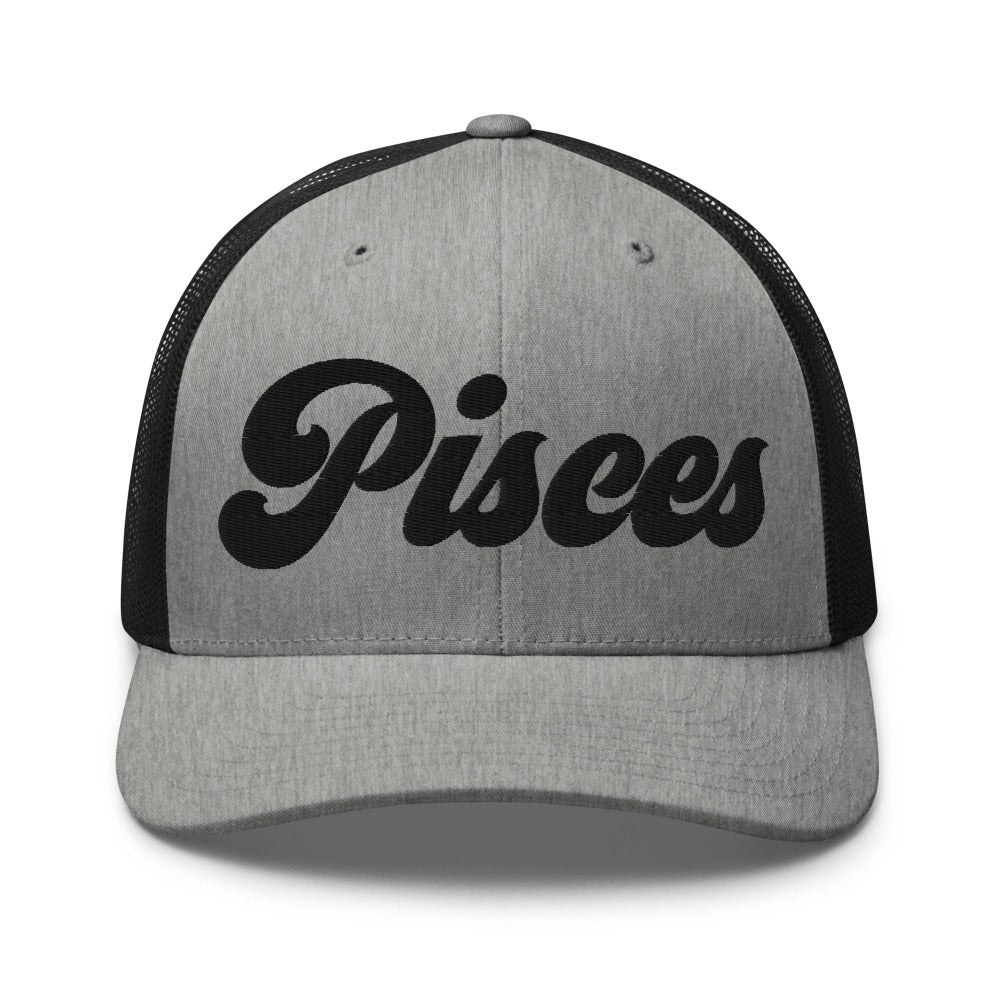 Pisces Zodiac Embroidered Curved Bill Trucker Hat - Heather/Black Color - https://ascensionemporium.net