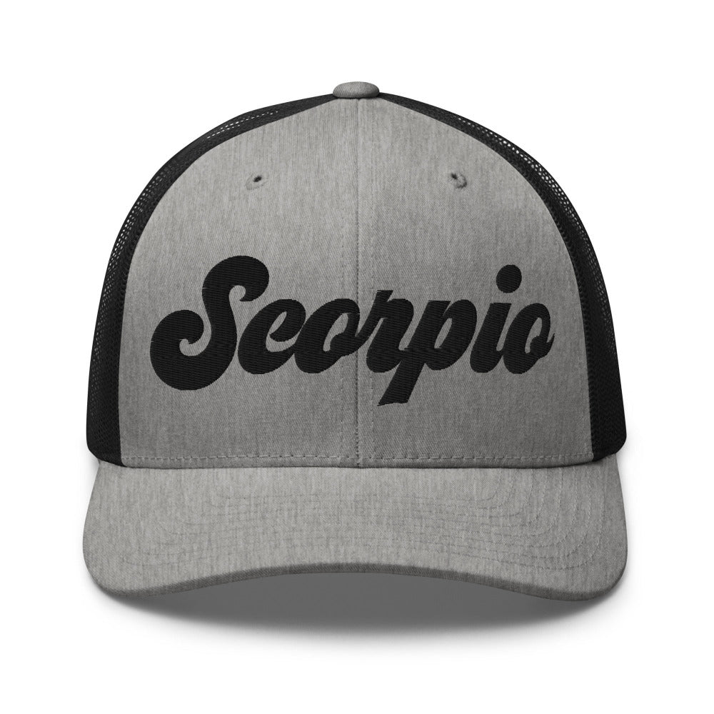 Scorpio Zodiac Embroidered Curved Bill Trucker Hat - Heather/Black Color - https://ascensionemporium.net