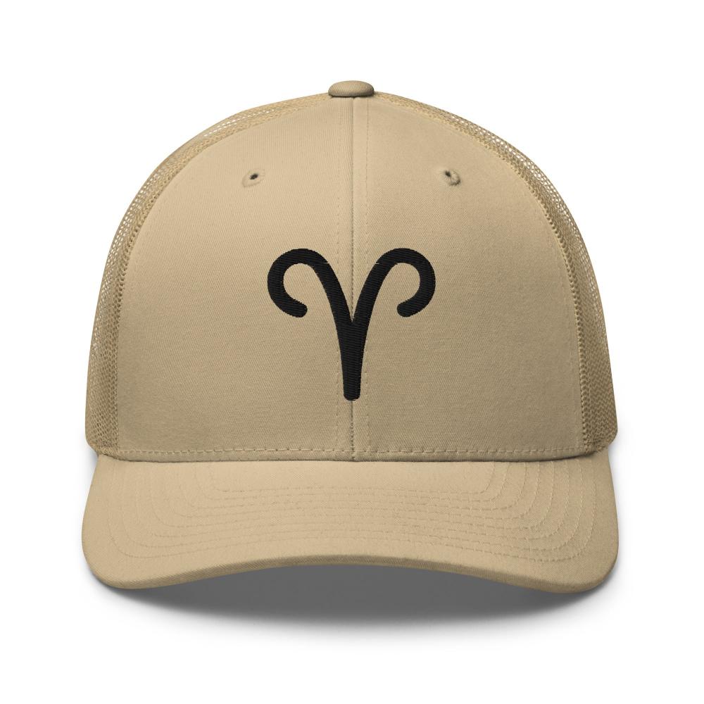 Aries Zodiac Embroidered Curved Bill Trucker Hat - Khaki Color - https://ascensionemporium.net