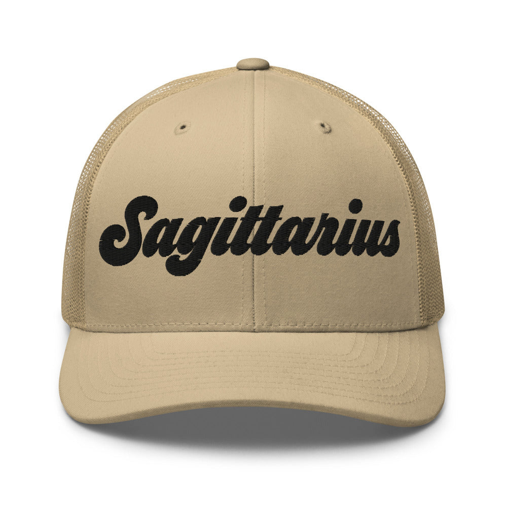 Sagittarius Zodiac Embroidered Curved Bill Trucker Hat - Khaki Color - https://ascensionemporium.net