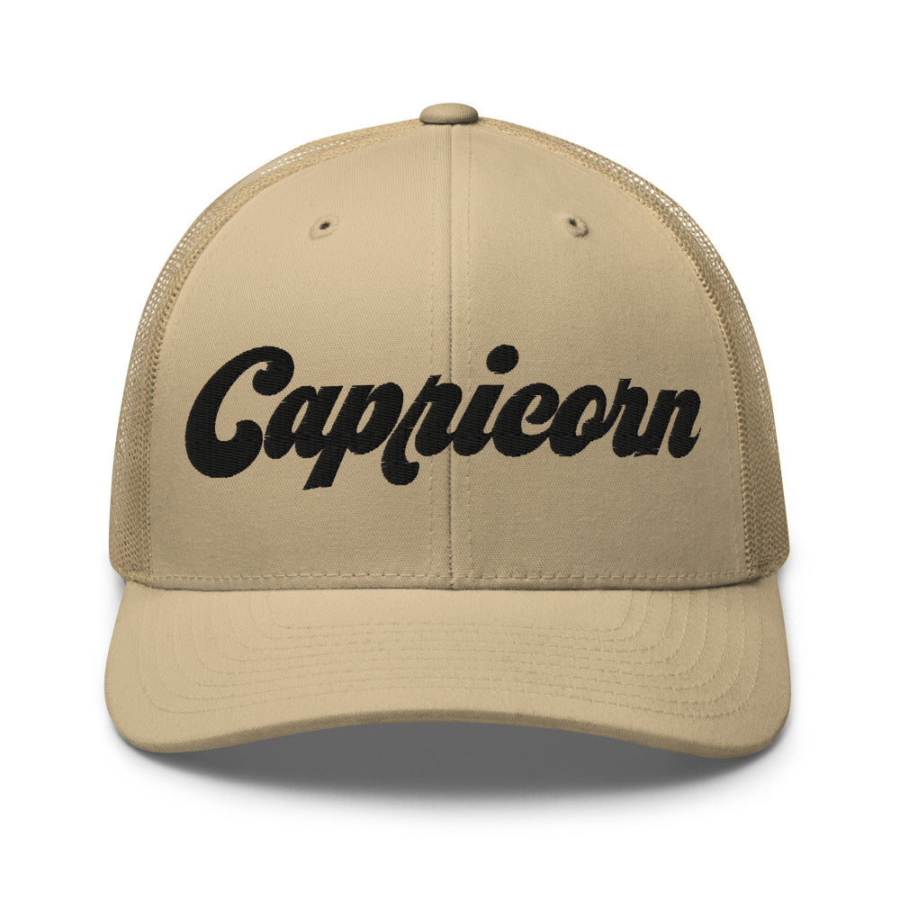 Capricorn Zodiac Embroidered Curved Bill Trucker Hat - Khaki Color - https://ascensionemporium.net