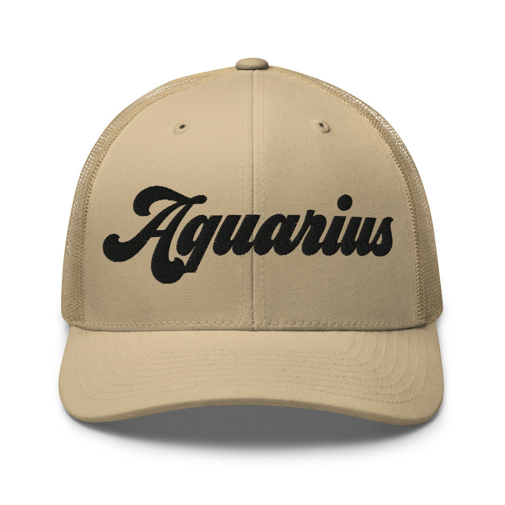 Aquarius Zodiac Embroidered Curved Bill Trucker Hat - Khaki Color - https://ascensionemporium.net