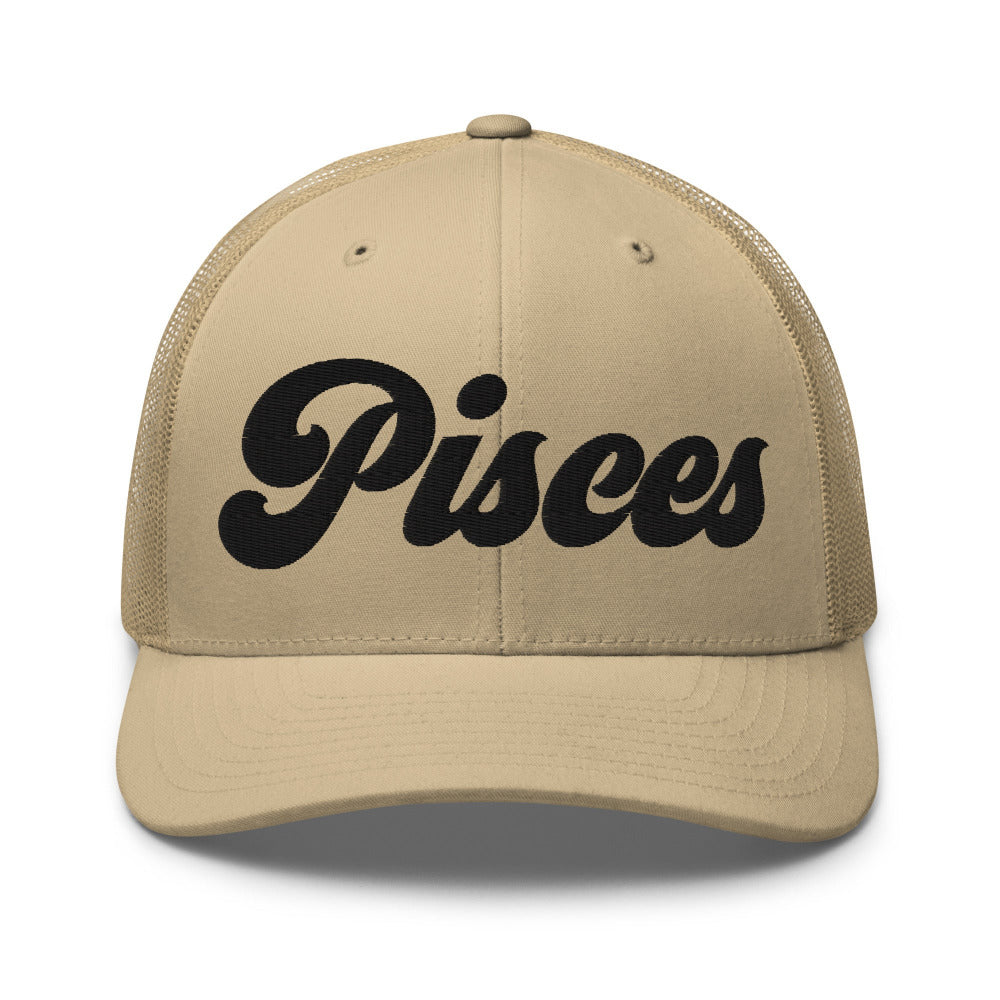 Pisces Zodiac Embroidered Curved Bill Trucker Hat - Khaki Color - https://ascensionemporium.net