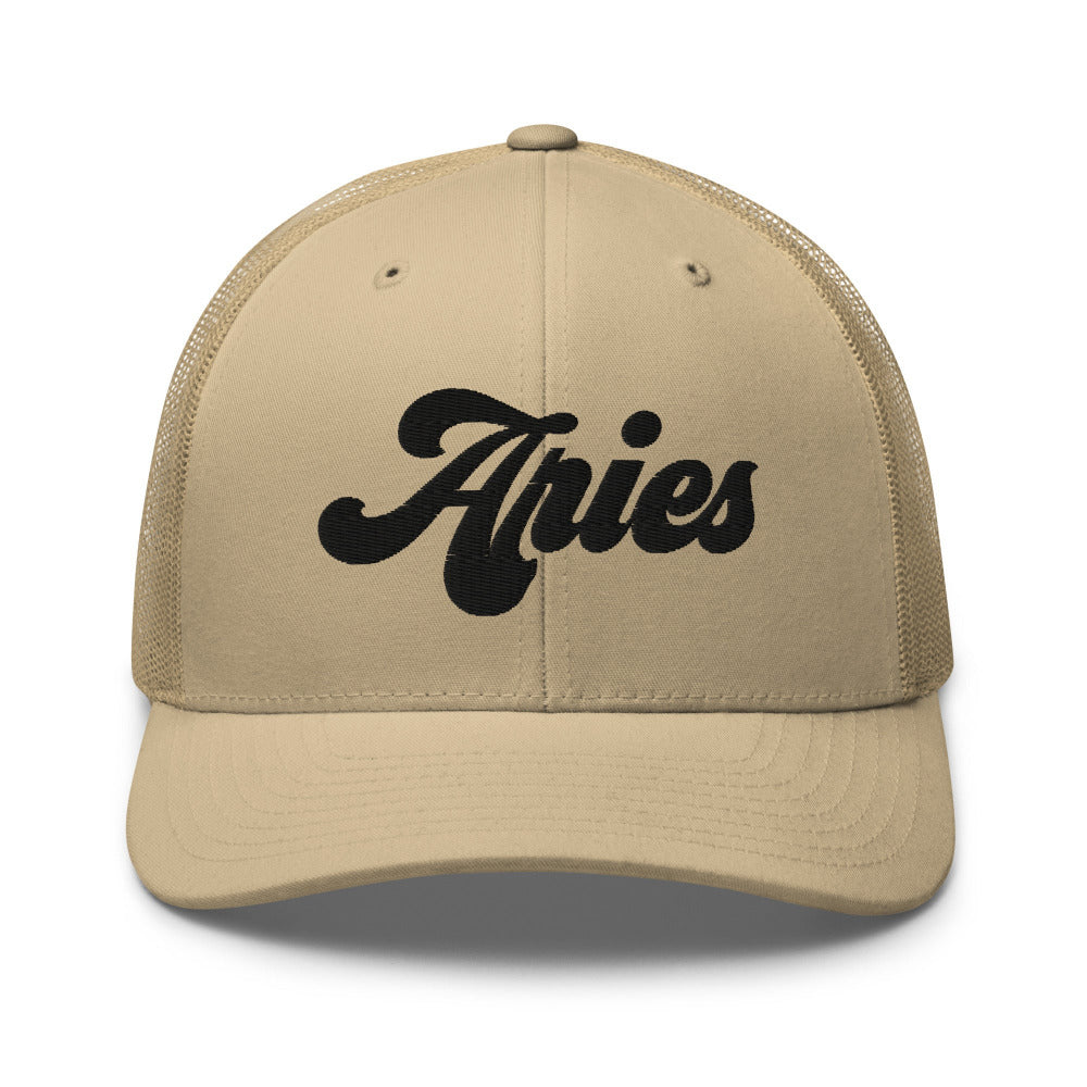 Aries Zodiac Embroidered Curved Bill Trucker Hat - Khaki Color - https://ascensionemporium.net