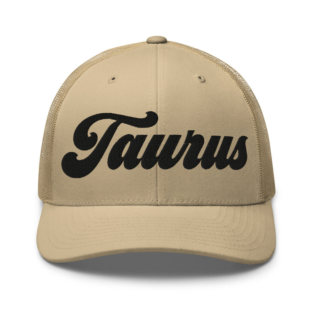 Taurus Zodiac Embroidered Curved Bill Trucker Hat - Khaki Color - https://ascensionemporium.net