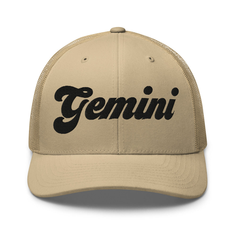 Gemini Zodiac Embroidered Curved Bill Trucker Hat - Khaki Color - https://ascensionemporium.net