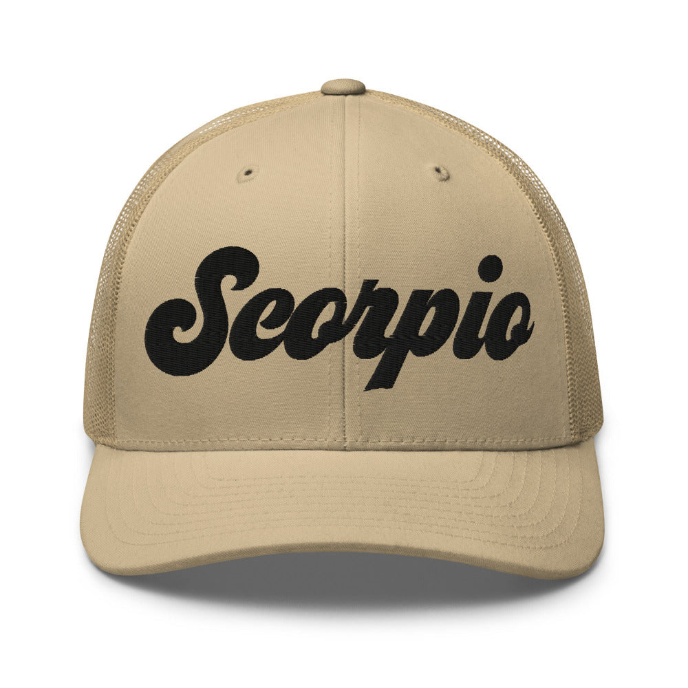 Scorpio Zodiac Embroidered Curved Bill Trucker Hat - Khaki Color - https://ascensionemporium.net