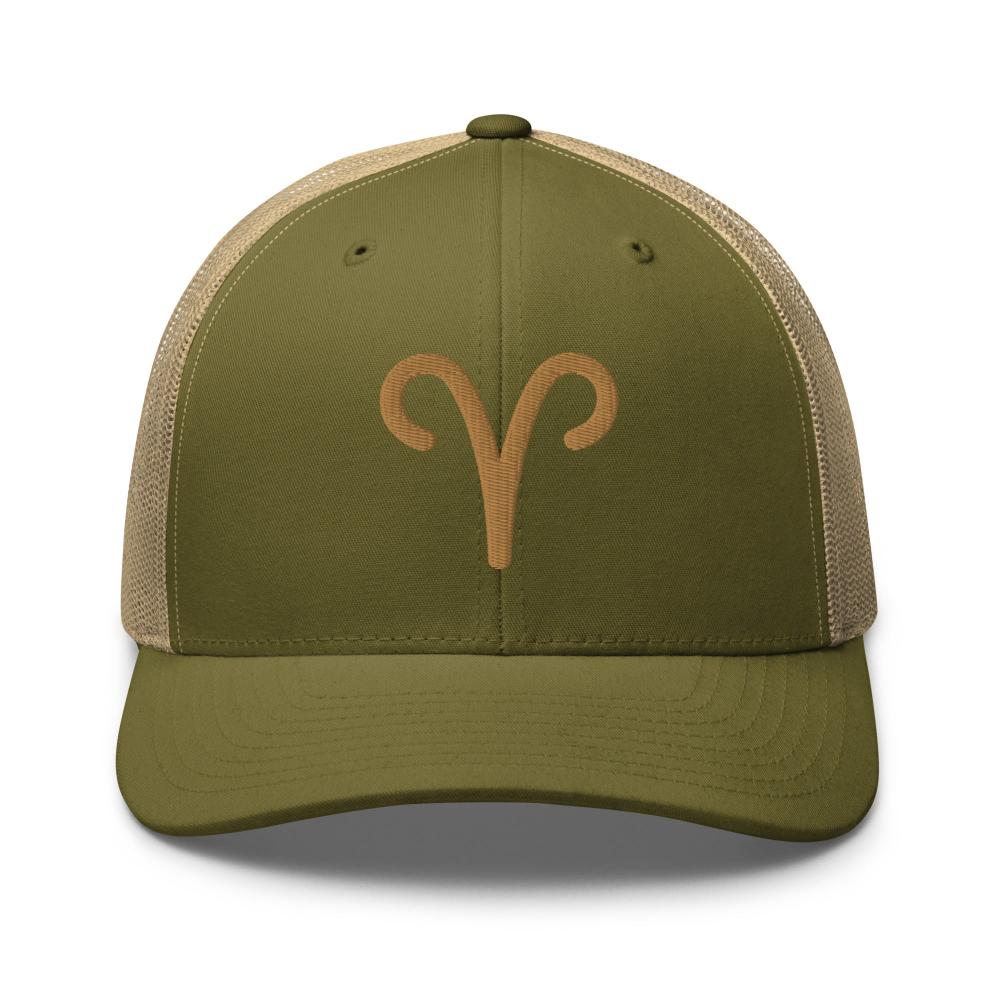 Aries Zodiac Embroidered Curved Bill Trucker Hat - Moss/Khaki Color - https://ascensionemporium.net