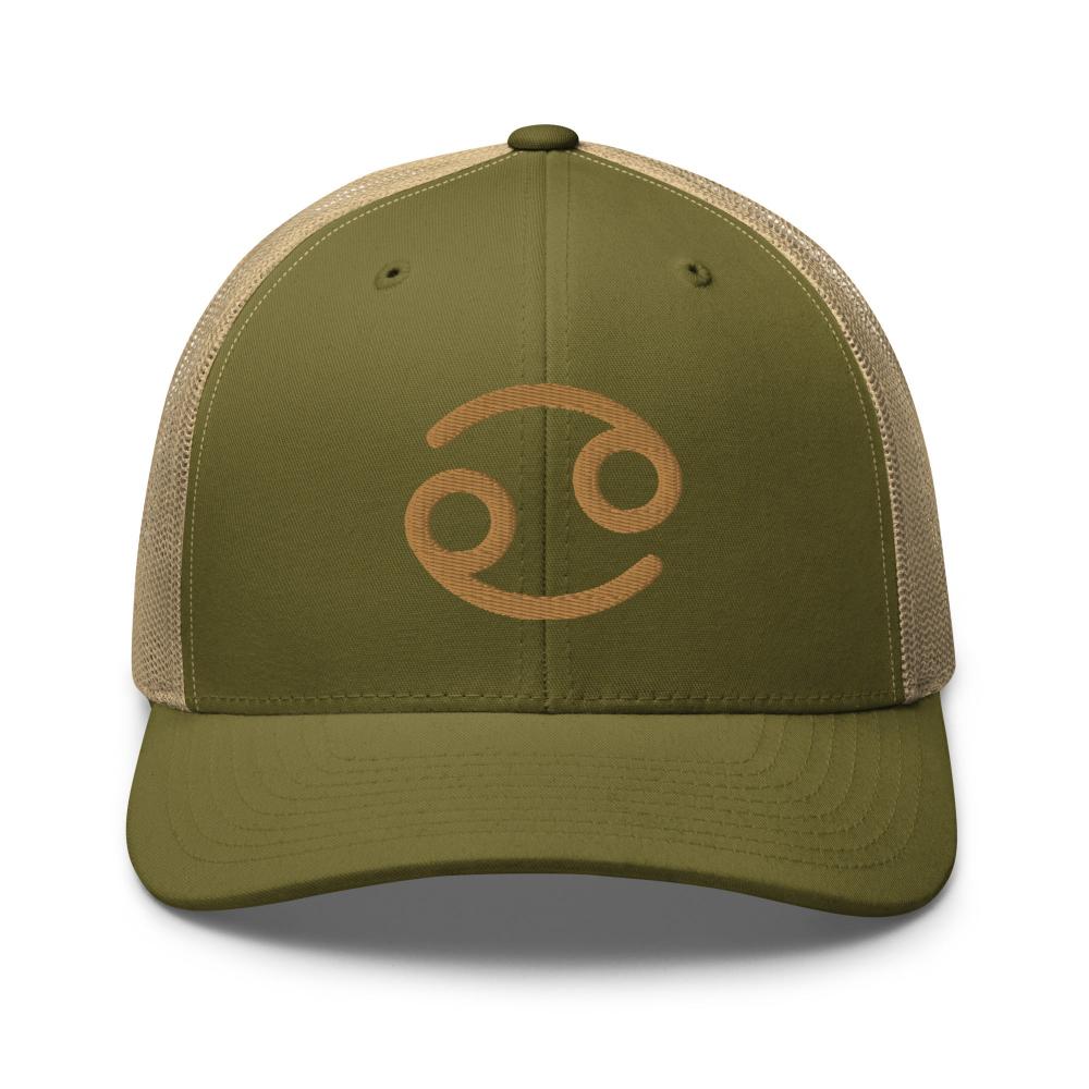 Cancer Zodiac Embroidered Curved Bill Trucker Hat - Moss/Khaki Color - https://ascensionemporium.net