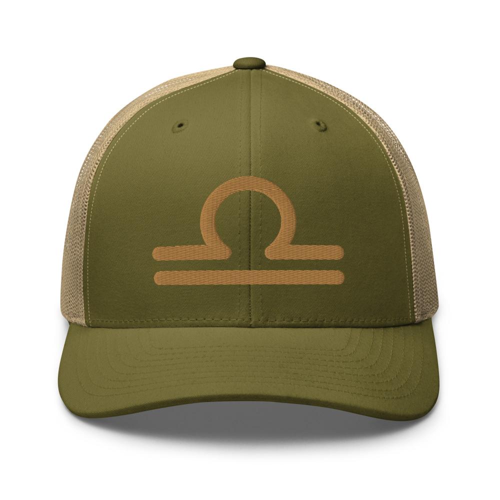 Libra Zodiac Embroidered Curved Bill Trucker Hat - Moss/Khaki Color - https://ascensionemporium.net