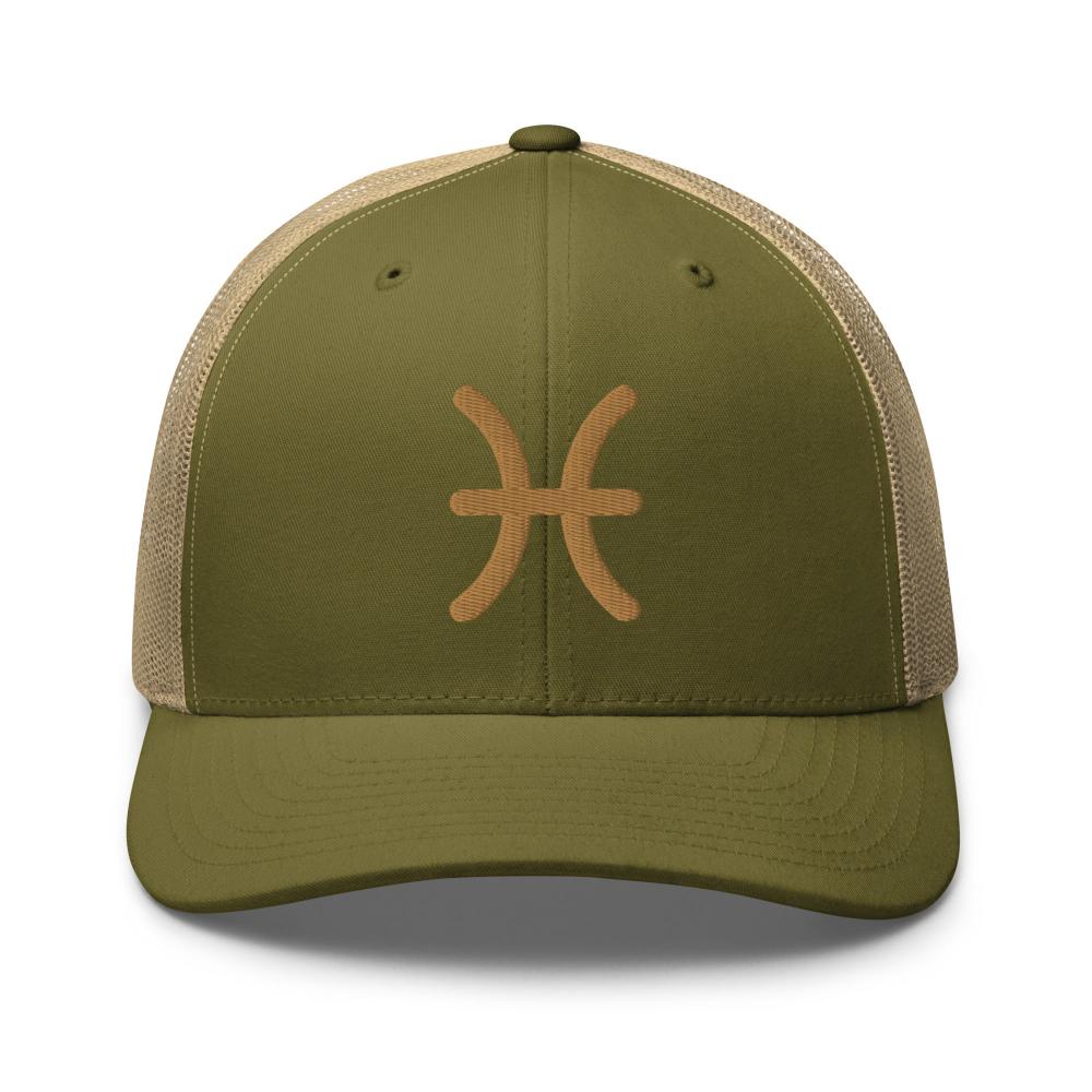 Pisces Zodiac Embroidered Curved Bill Trucker Hat - Moss/Khaki Color - https://ascensionemporium.net