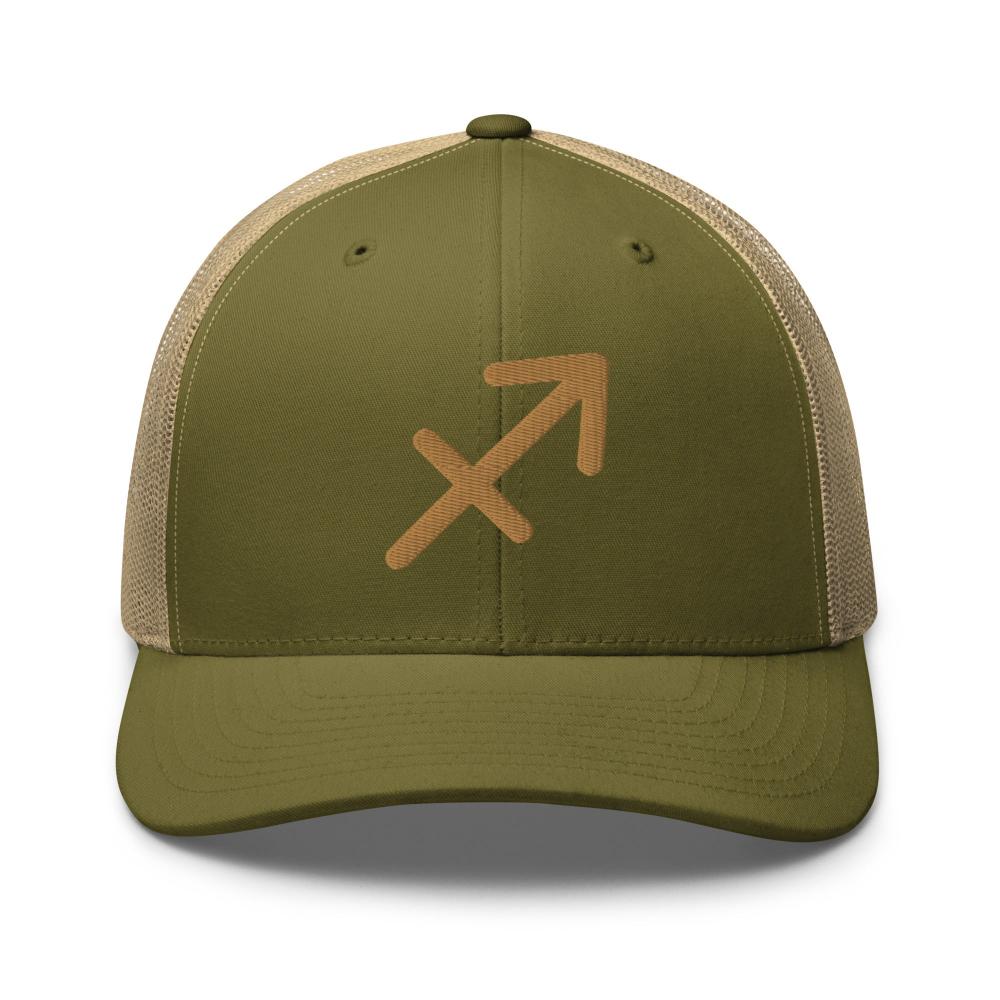 Sagittarius Zodiac Embroidered Curved Bill Trucker Hat - Moss/Khaki Color - https://ascensionemporium.net