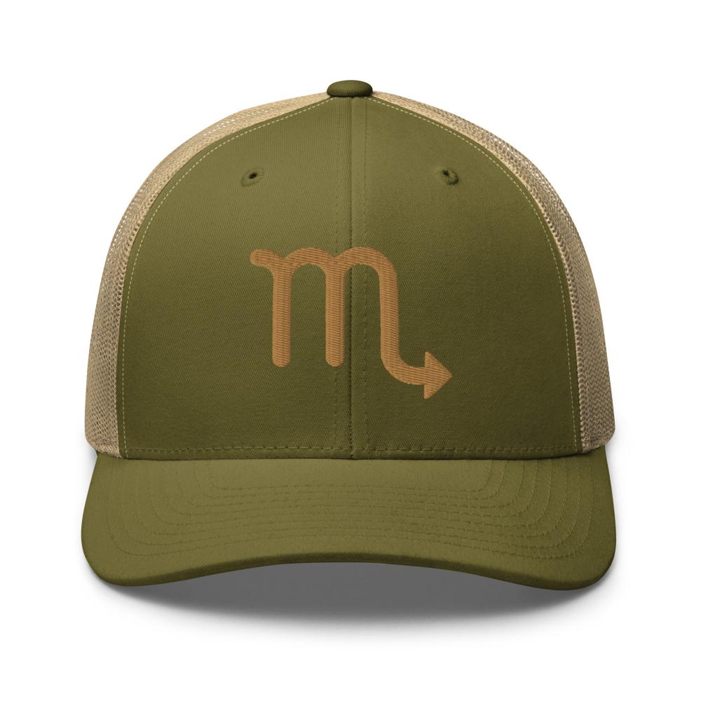 Scorpio Zodiac Embroidered Curved Bill Trucker Hat - Moss/Khaki Color - https://ascensionemporium.net