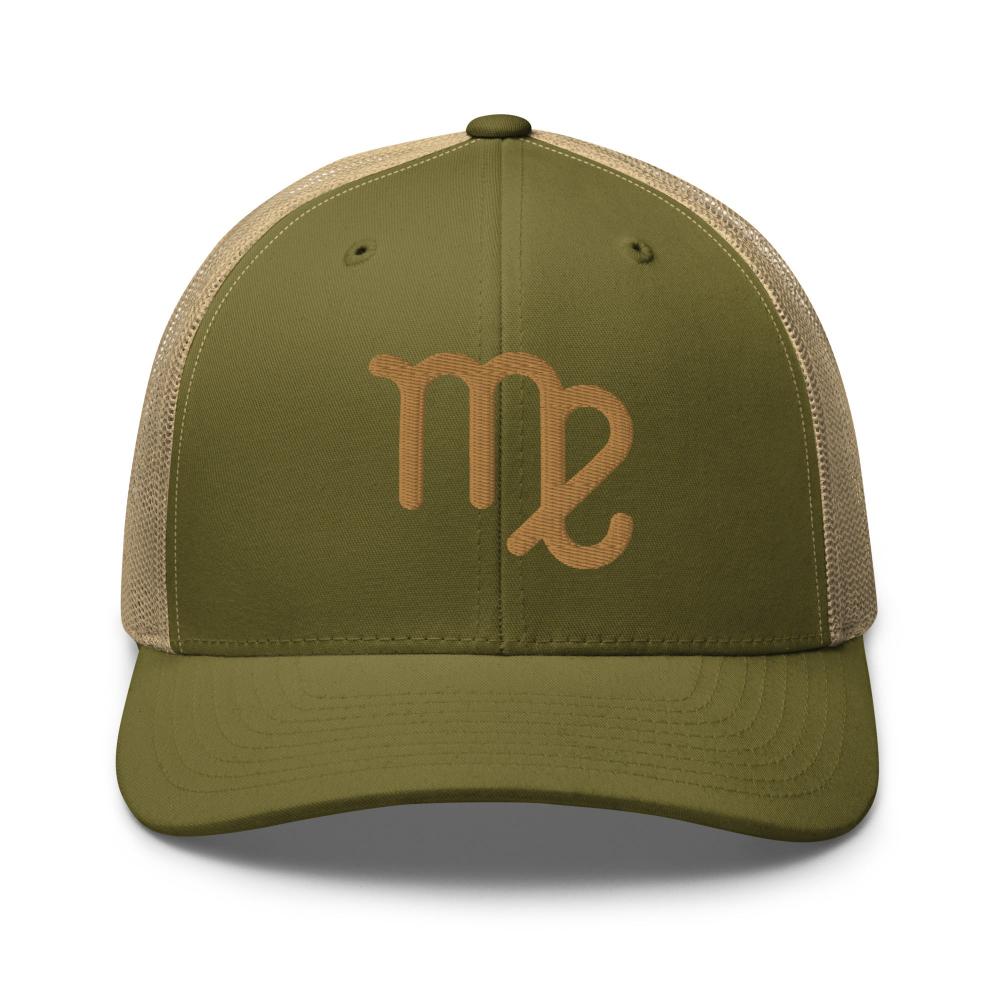 Virgo Zodiac Embroidered Curved Bill Trucker Hat - Moss/Khaki Color - https://ascensionemporium.net