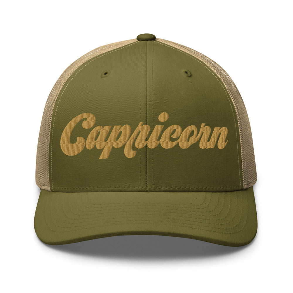 Capricorn Zodiac Embroidered Curved Bill Trucker Hat - Moss/Khaki Color - https://ascensionemporium.net