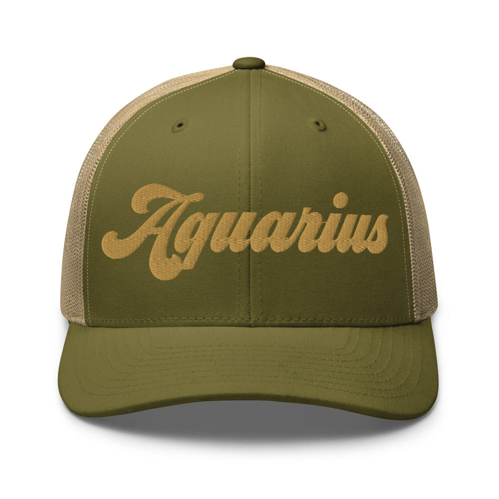 Aquarius Zodiac Embroidered Curved Bill Trucker Hat - Moss/Khaki Color - https://ascensionemporium.net