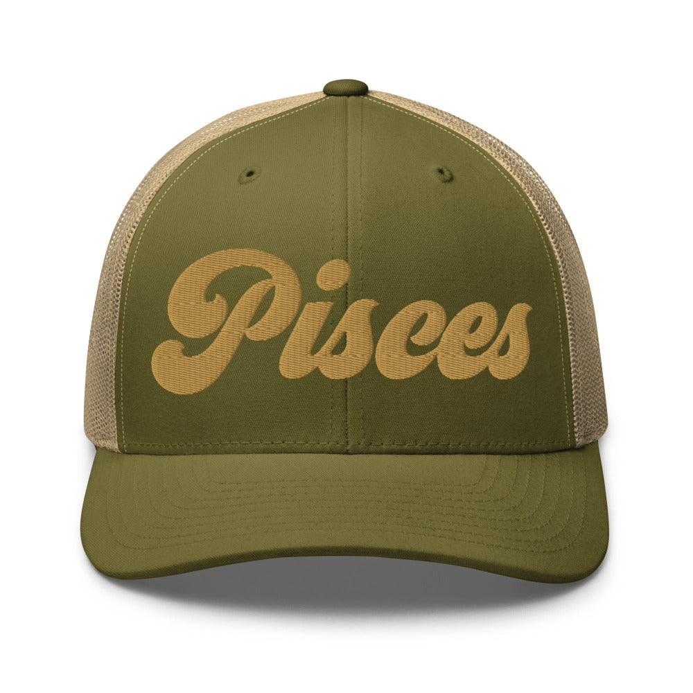 Pisces Zodiac Embroidered Curved Bill Trucker Hat - Moss/Khaki Color - https://ascensionemporium.net