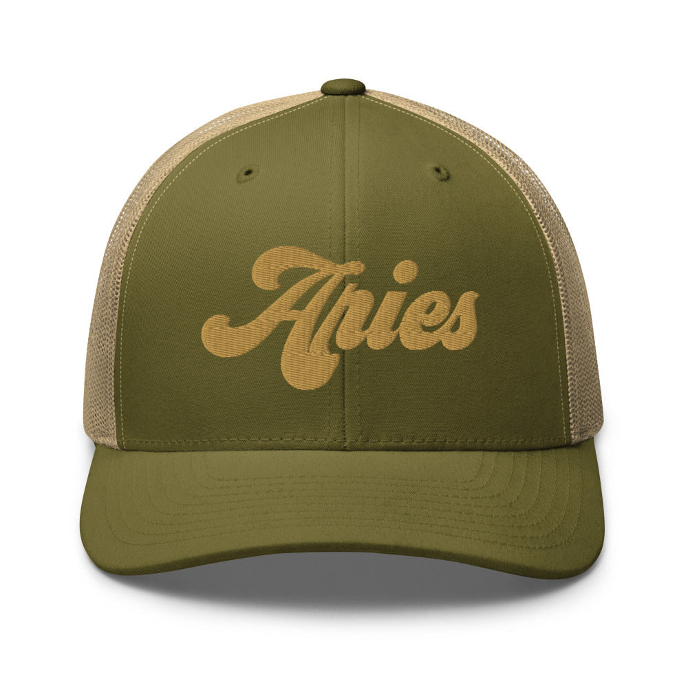 Aries Zodiac Embroidered Curved Bill Trucker Hat - Moss/Khaki Color - https://ascensionemporium.net