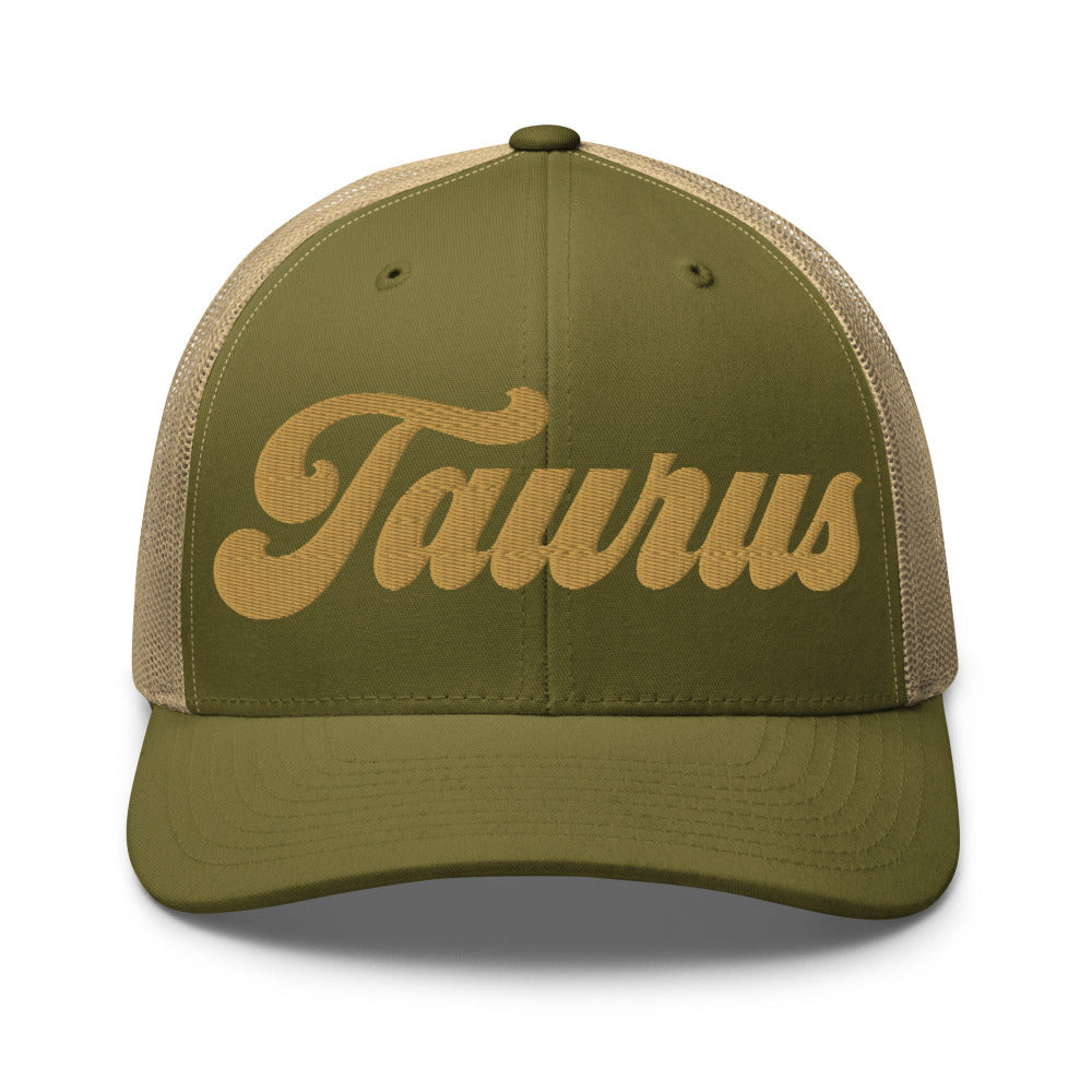 Taurus Zodiac Embroidered Curved Bill Trucker Hat - Moss/Khaki Color - https://ascensionemporium.net
