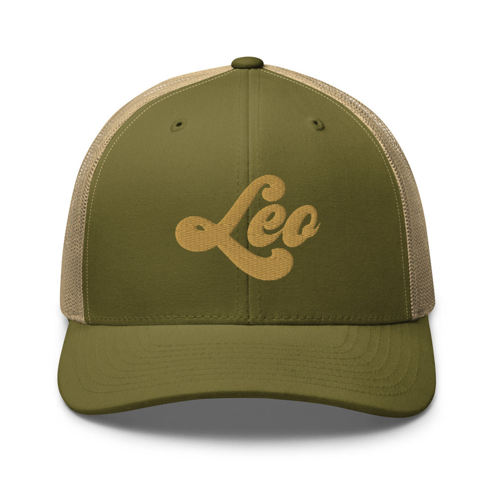 Leo Zodiac Embroidered Curved Bill Trucker Hat - Moss/Khaki Color - https://ascensionemporium.net