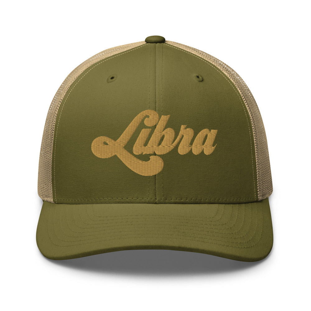 Libra Zodiac Embroidered Curved Bill Trucker Hat - Moss/Khaki Color - https://ascensionemporium.net