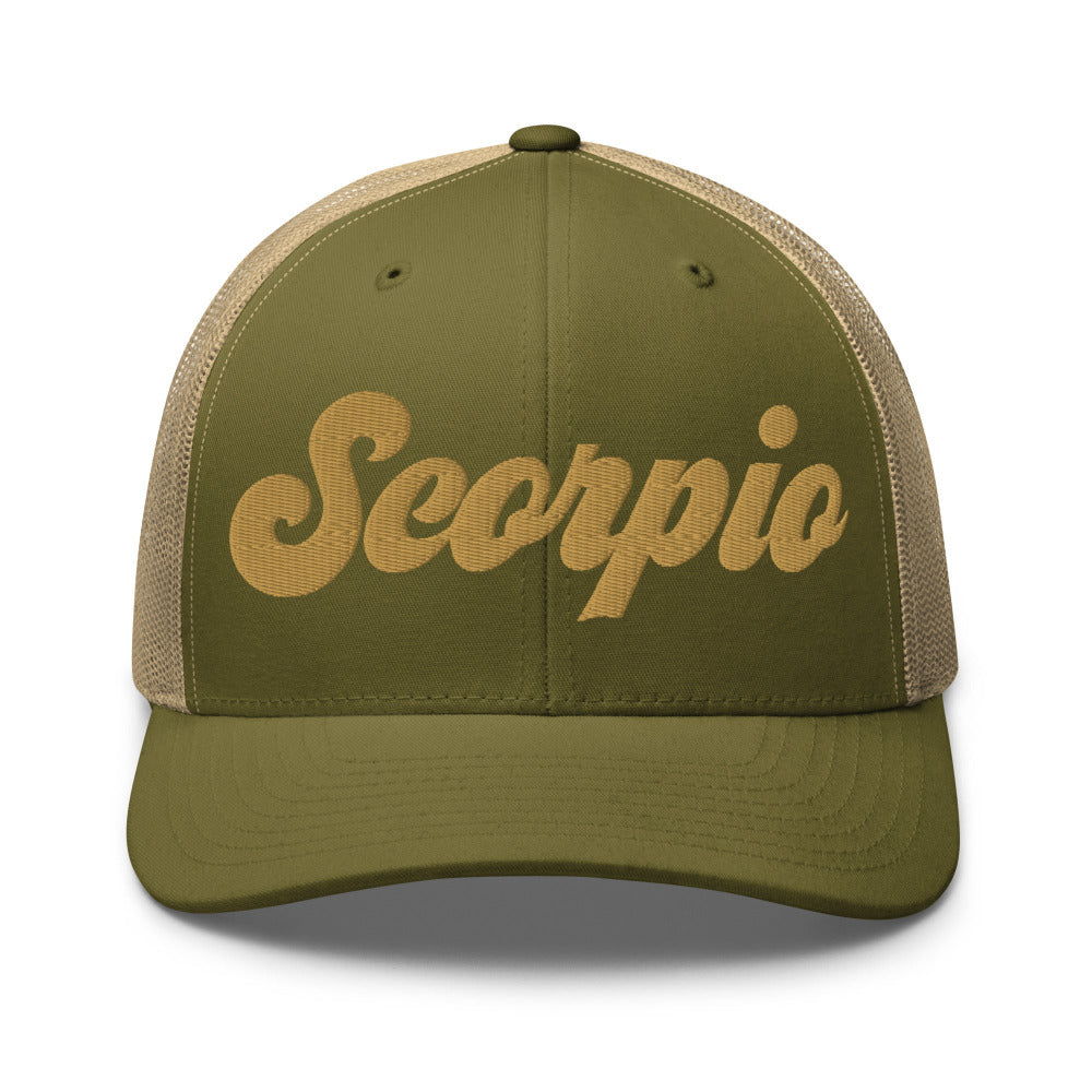 Scorpio Zodiac Embroidered Curved Bill Trucker Hat - Moss/Khaki Color - https://ascensionemporium.net