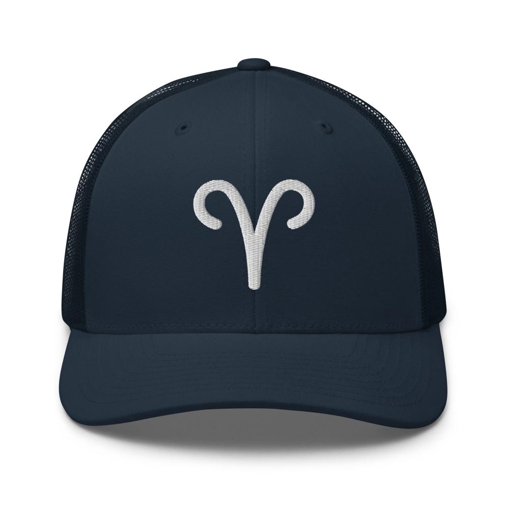 Aries Zodiac Embroidered Curved Bill Trucker Hat - Navy Color - https://ascensionemporium.net