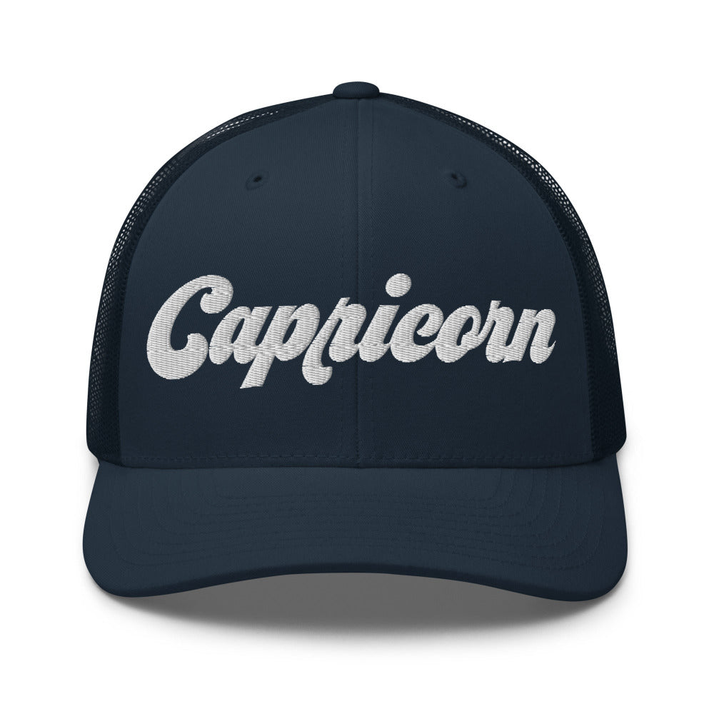 Capricorn Zodiac Embroidered Curved Bill Trucker Hat - Navy Color - https://ascensionemporium.net