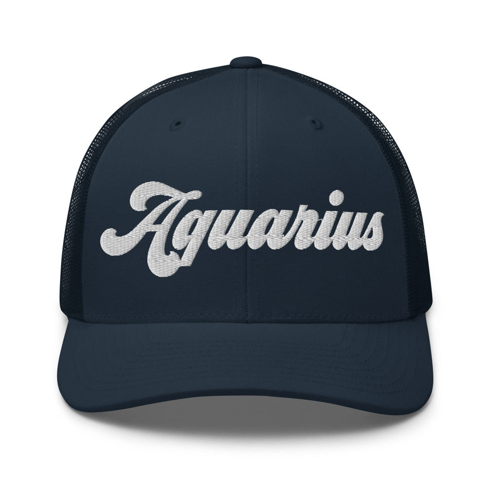 Aquarius Zodiac Embroidered Curved Bill Trucker Hat - Navy Color - https://ascensionemporium.net