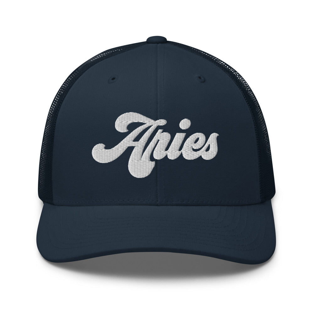 Aries Zodiac Embroidered Curved Bill Trucker Hat - Navy Color - https://ascensionemporium.net