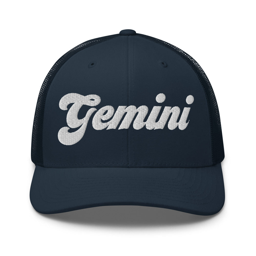 Gemini Zodiac Embroidered Curved Bill Trucker Hat - Navy Color - https://ascensionemporium.net