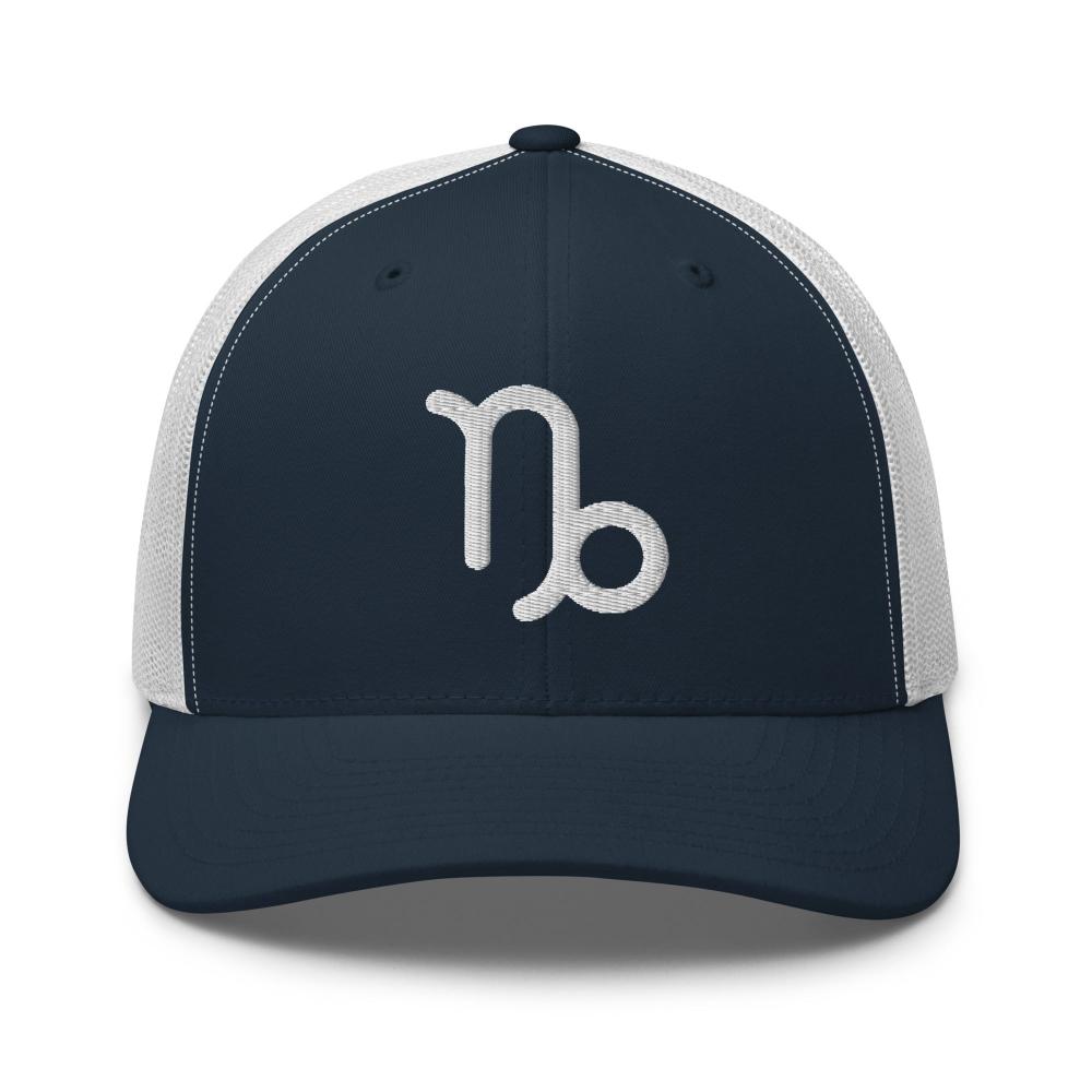 Capricorn Zodiac Embroidered Curved Bill Trucker Hat - Navy/White Color - https://ascensionemporium.net
