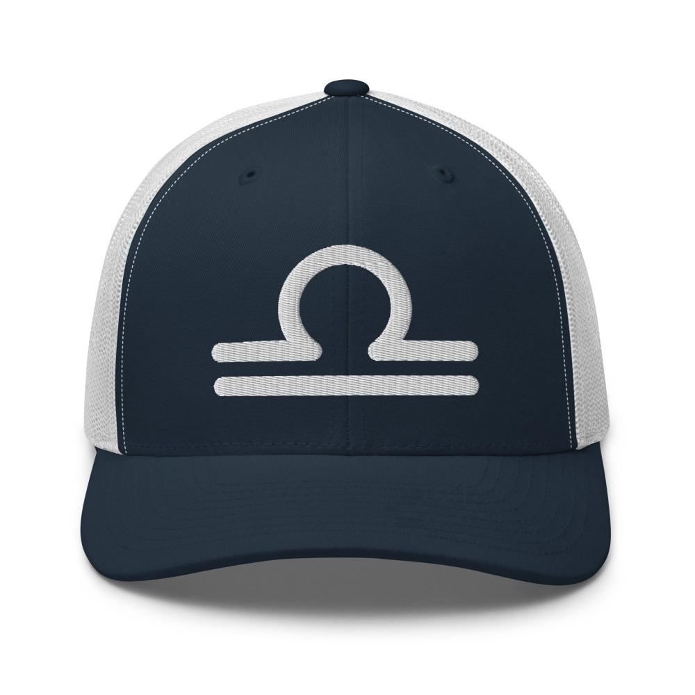 Libra Zodiac Embroidered Curved Bill Trucker Hat - Navy/White Color - https://ascensionemporium.net