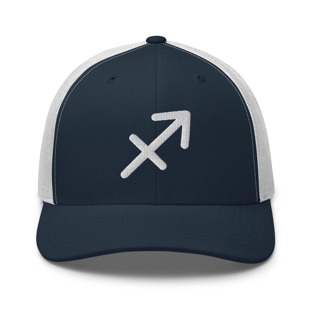 Sagittarius Zodiac Embroidered Curved Bill Trucker Hat - Navy/White Color - https://ascensionemporium.net