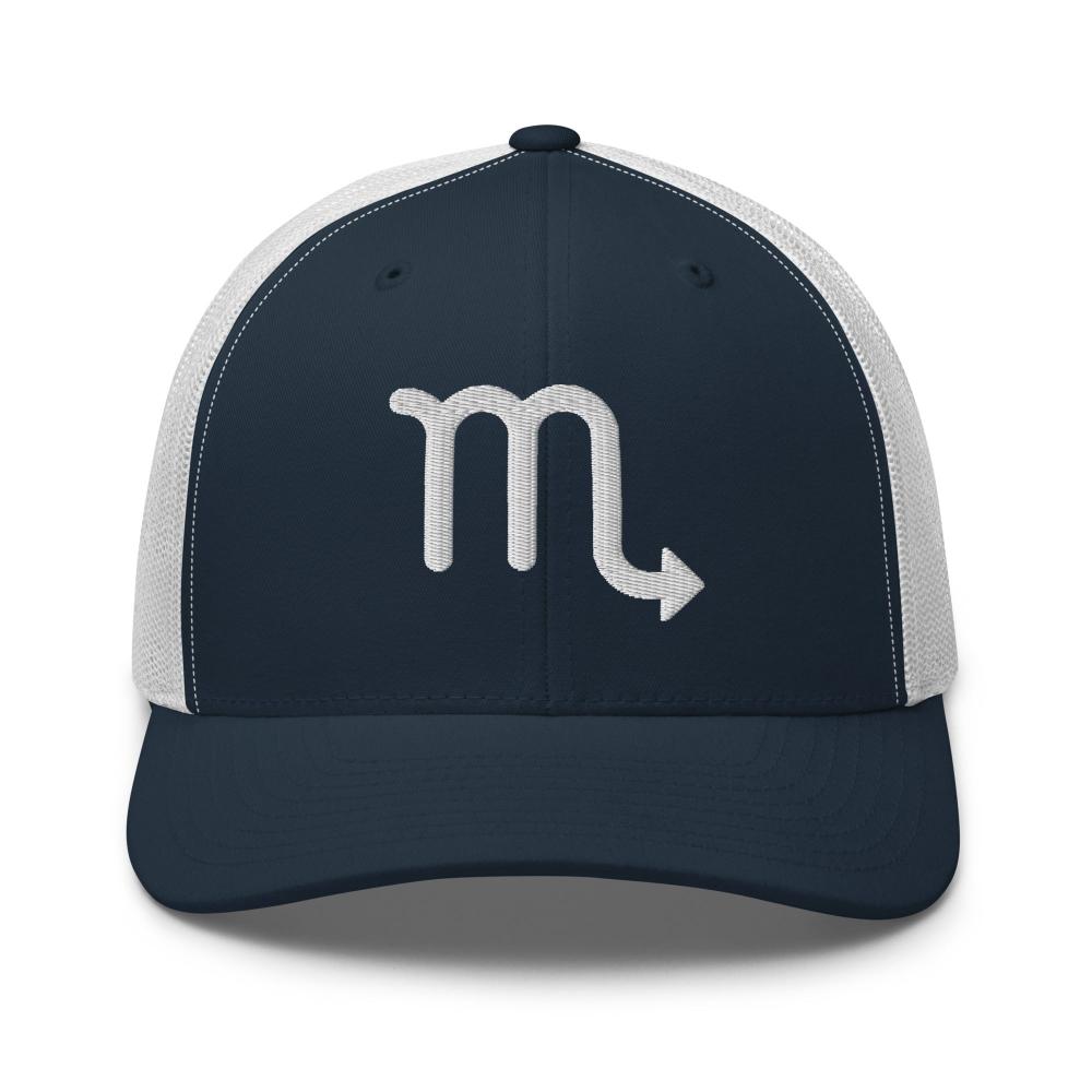 Scorpio Zodiac Embroidered Curved Bill Trucker Hat - Navy/White Color - https://ascensionemporium.net