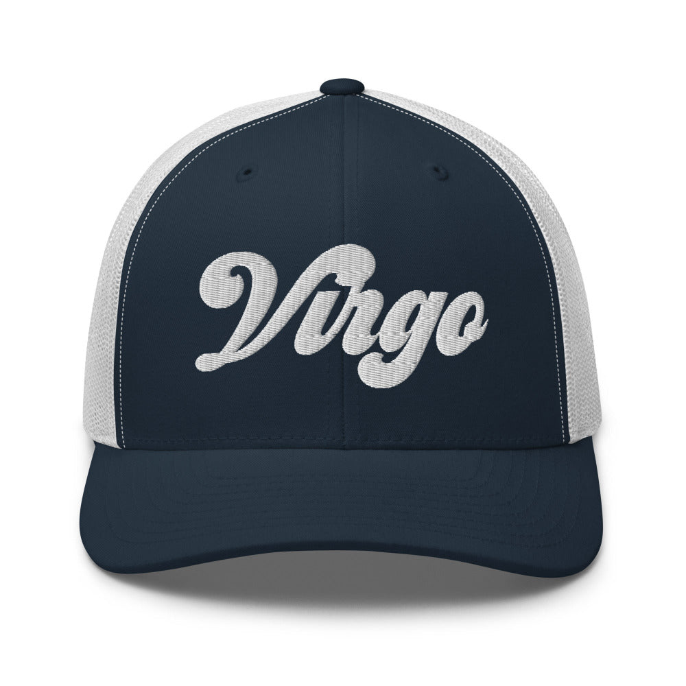 Virgo Zodiac Embroidered Curved Bill Trucker Hat - Navy/White Color - https://ascensionemporium.net