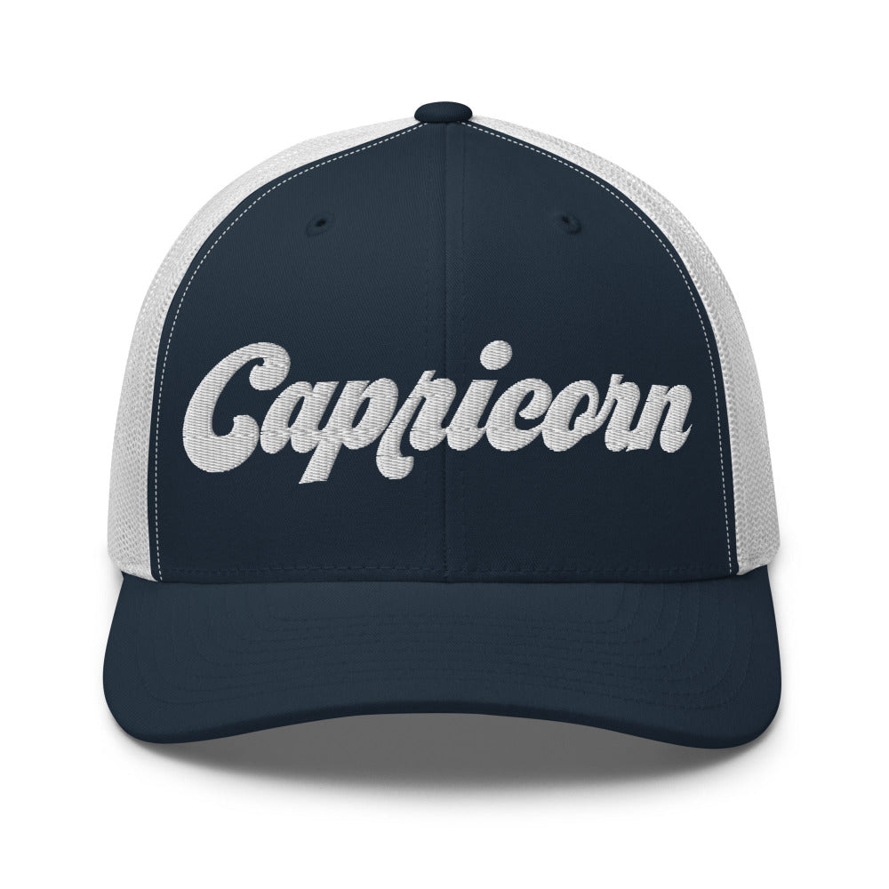 Capricorn Zodiac Embroidered Curved Bill Trucker Hat - Navy/White Color - https://ascensionemporium.net