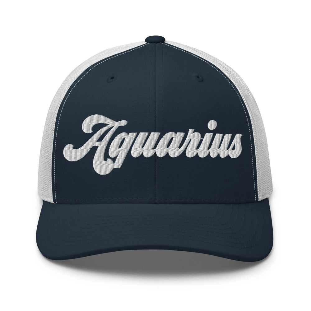 Aquarius Zodiac Embroidered Curved Bill Trucker Hat - Navy/White Color - https://ascensionemporium.net