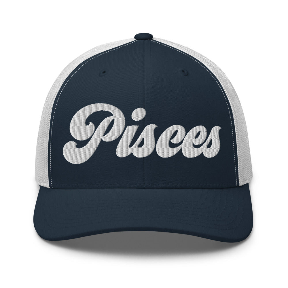 Pisces Zodiac Embroidered Curved Bill Trucker Hat - Navy/White Color - https://ascensionemporium.net