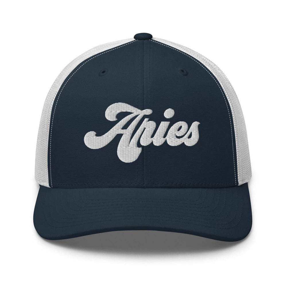 Aries Zodiac Embroidered Curved Bill Trucker Hat - Navy/White Color - https://ascensionemporium.net