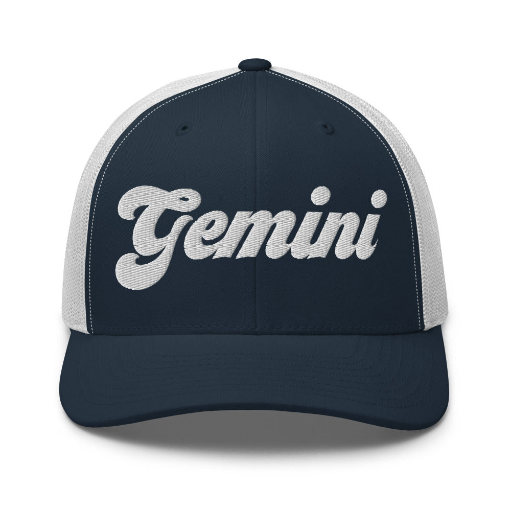 Gemini Zodiac Embroidered Curved Bill Trucker Hat - Navy/White Color - https://ascensionemporium.net