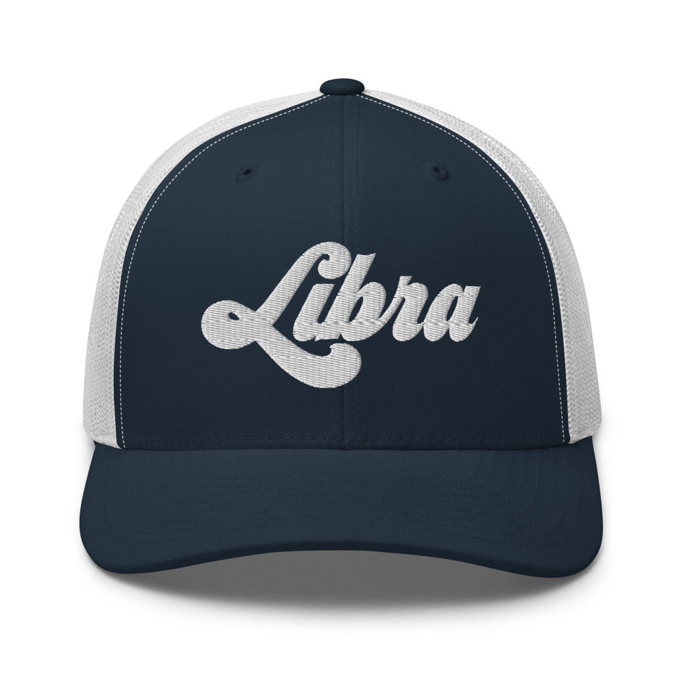 Libra Zodiac Embroidered Curved Bill Trucker Hat - Navy/White Color - https://ascensionemporium.net