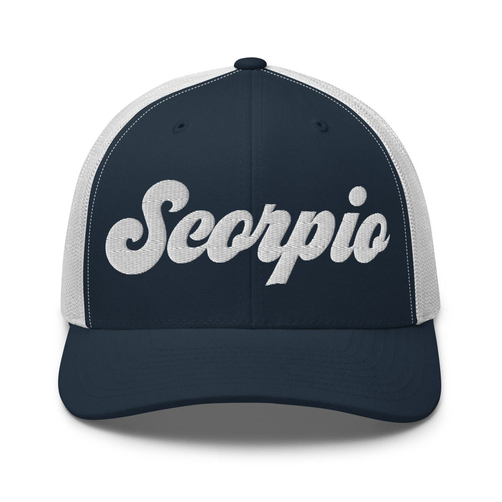 Scorpio Zodiac Embroidered Curved Bill Trucker Hat - Navy/White Color - https://ascensionemporium.net