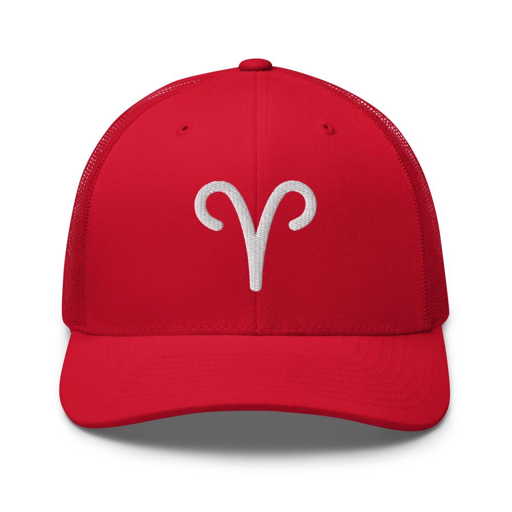 Aries Zodiac Embroidered Curved Bill Trucker Hat - Red Color - https://ascensionemporium.net